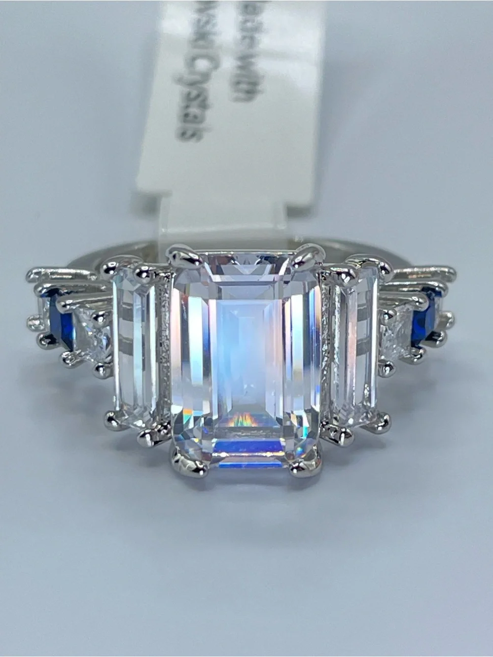Swarovski Crystal Elements White Emerald Cut Statement Ring Size 7